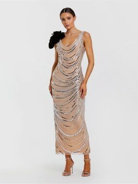 Mac Duggal 94285 Silver Nude Cowl Midi Dress with Velvet Flower sz 6